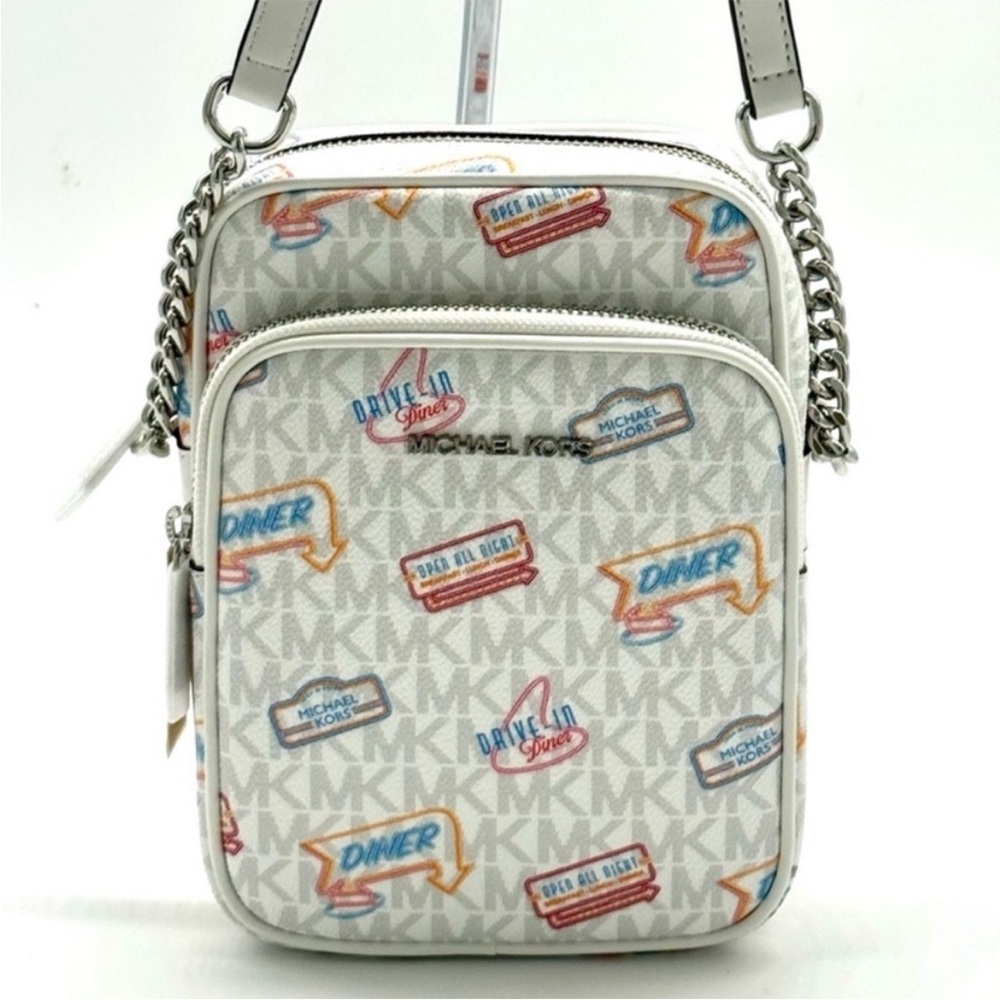 Michael Kors Jet Set Medium Printed Signature Logo Crossbody Bag Optic White